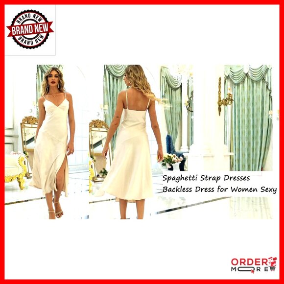 Satin Midi Dress with V Neck Spaghetti Straps Backless Slit Formal Wedding Guest - Picture 6 of 6